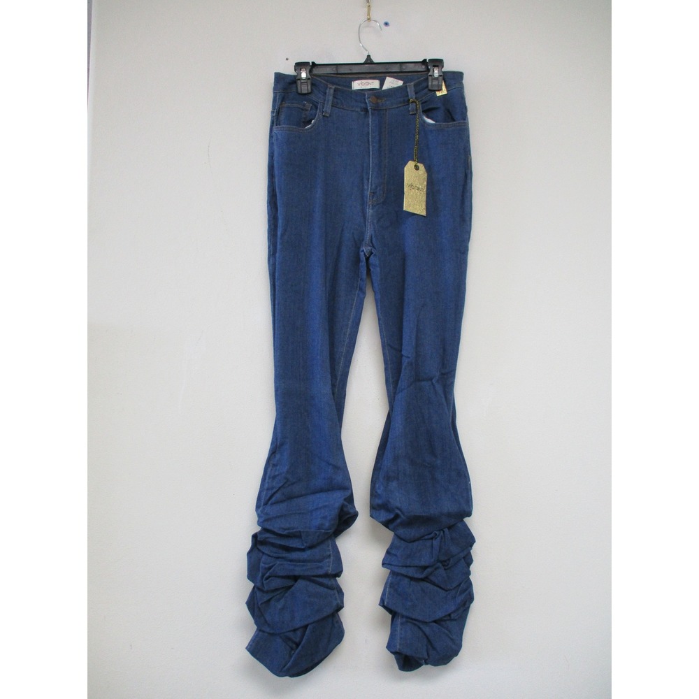 Vibrant Jeans Women 1X Blue Stacked Ruched High Waisted Ruffle Leg Denim P1733